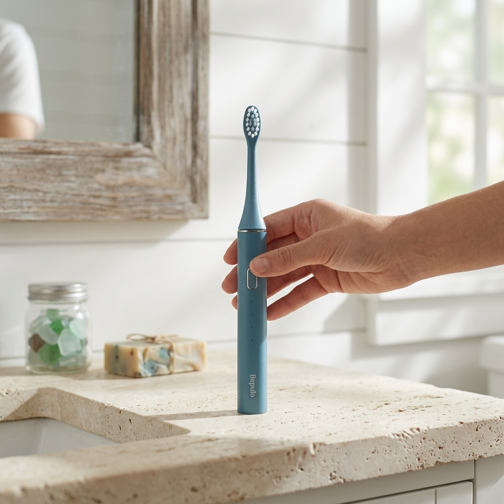 Hand holding a Bepulo Toothbrush standing on a stone bathroom top