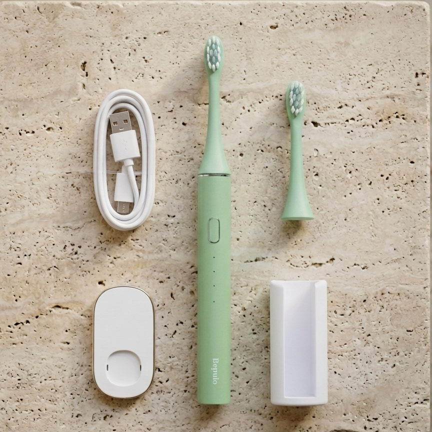 A green Bepulo electric toothbrush set arranged on a beige stone slab, including the toothbrush, two brush heads, a white charging cable, a white charging dock, and a white wall holder.