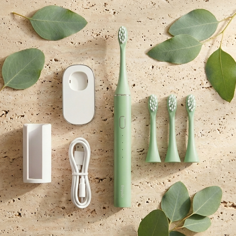 Green electric toothbrush set with accessories on a beige surface with green leaves.