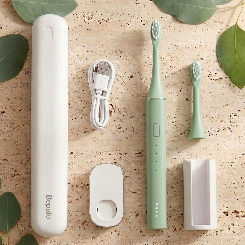 A toothbrush set arranged on a textured beige surface with scattered green leaves. The set includes a mint green electric toothbrush, a matching extra brush head, a white charging cable, a white travel case, a small white charging dock, and a white wall holder.