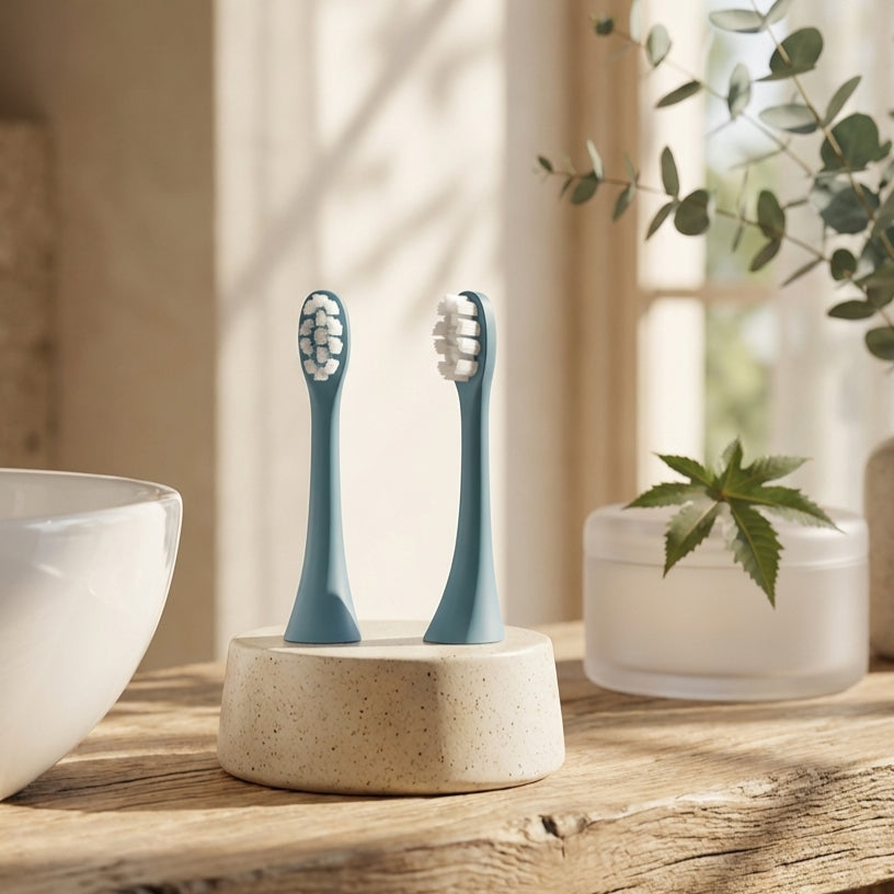 Two blue toothbrush heads on a white stand with a blurred indoor background