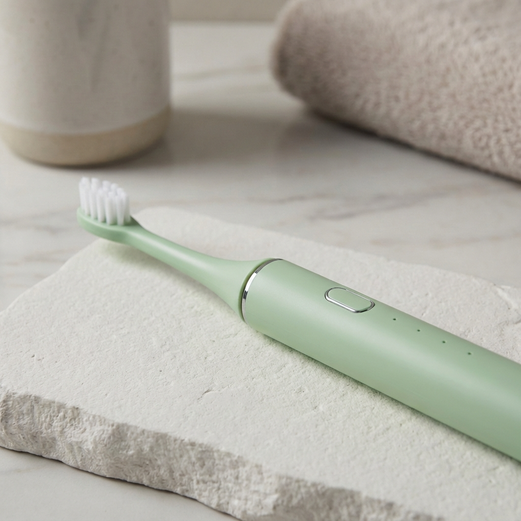 Bepulo Next Green Sustainable Electric Toothbrush lying flat on a benchtop