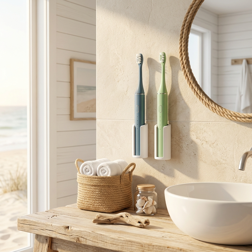 Two toothbrushes in holder on bathroom wall with sink and decor