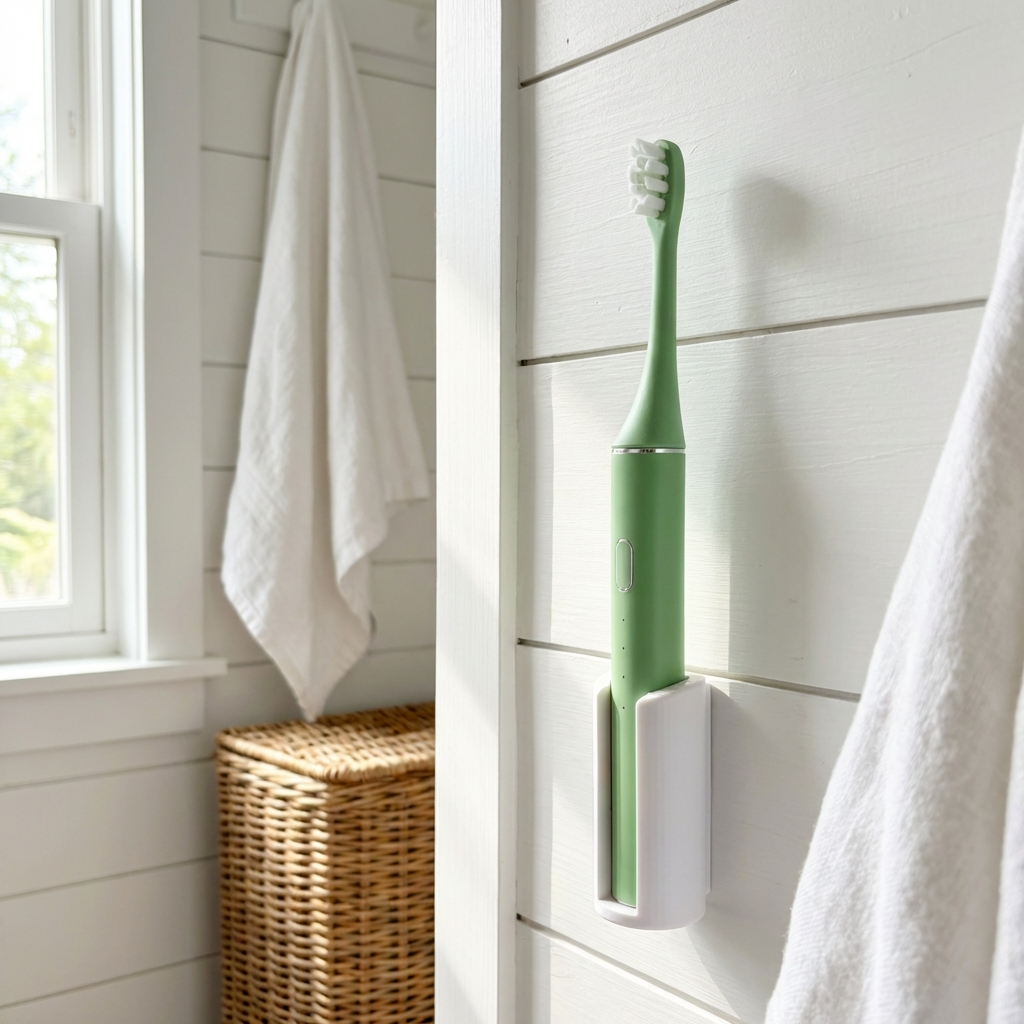 Green toothbrush on a white wall in a bathroom setting