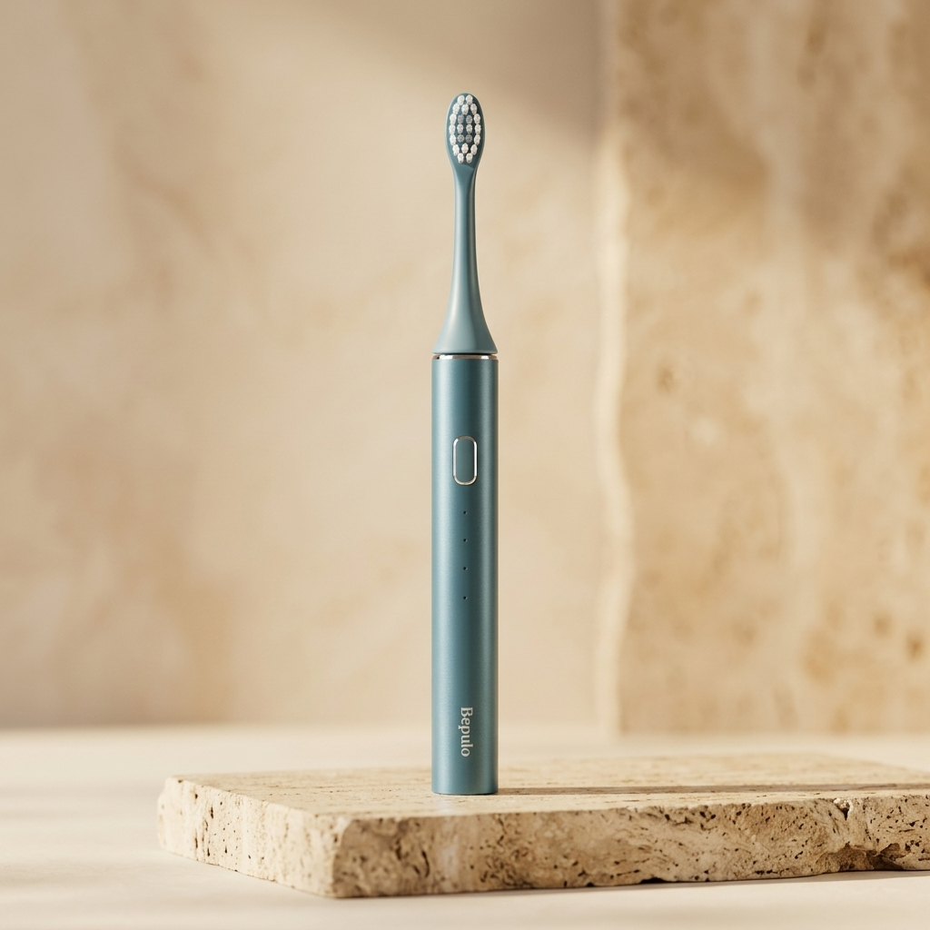 Blue electric toothbrush on a wooden surface with a beige background