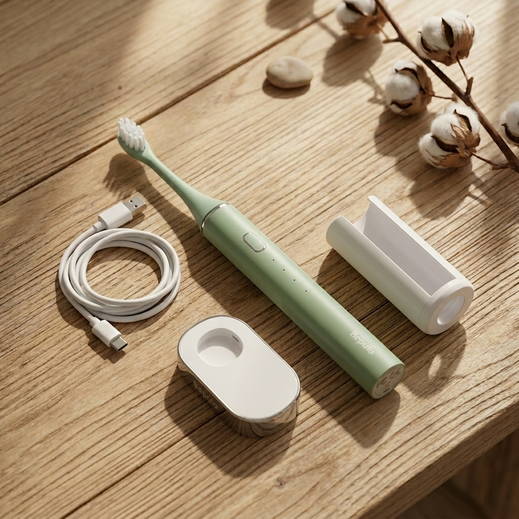 Green electric toothbrush with charging case and cable on a wooden surface