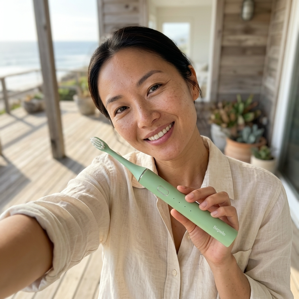 Girl holding Green Bepulo Next electric toothbrush while standing on beach patio