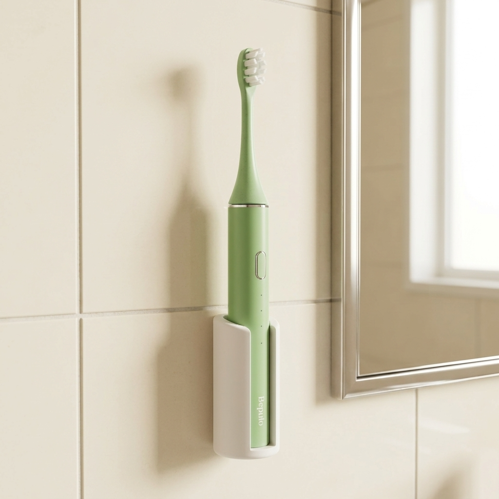 Green electric toothbrush on a white wall with a mirror reflection