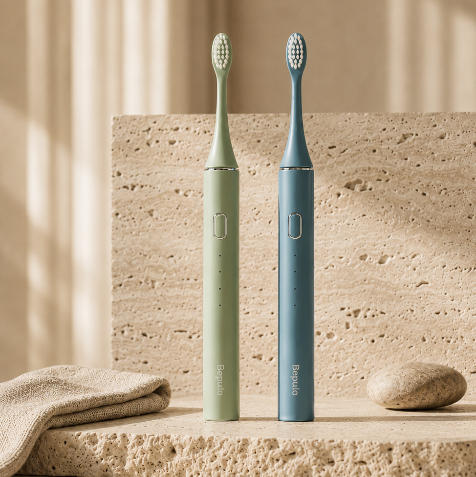 Two electric toothbrushes on a stone surface with a neutral background