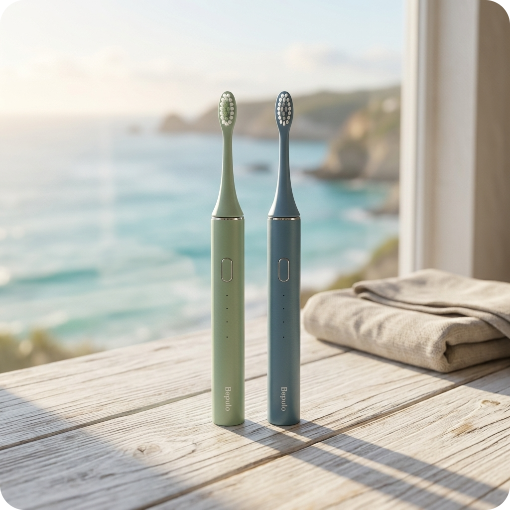 Two electric toothbrushes on a wooden surface with a scenic background