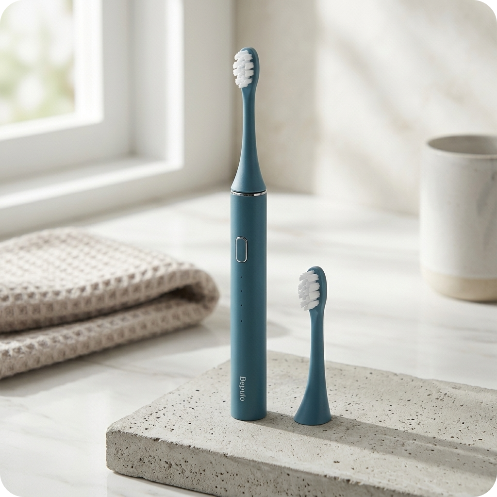 Blue electric toothbrush with a smaller brush head on a light surface near a window.
