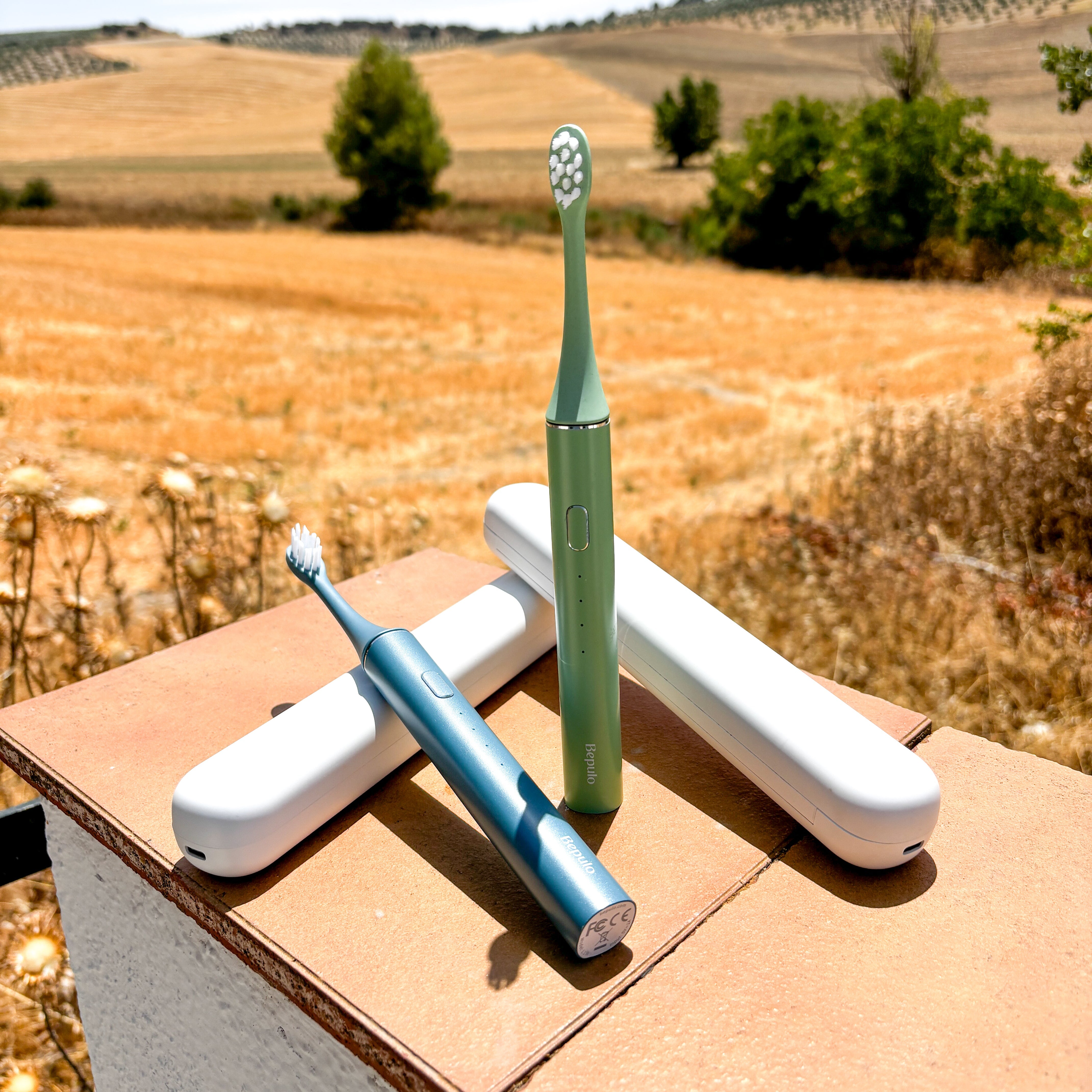 Two electric toothbrushes and two white charging cases are arranged on a tiled ledge outdoors, with a dry field and trees in the background.