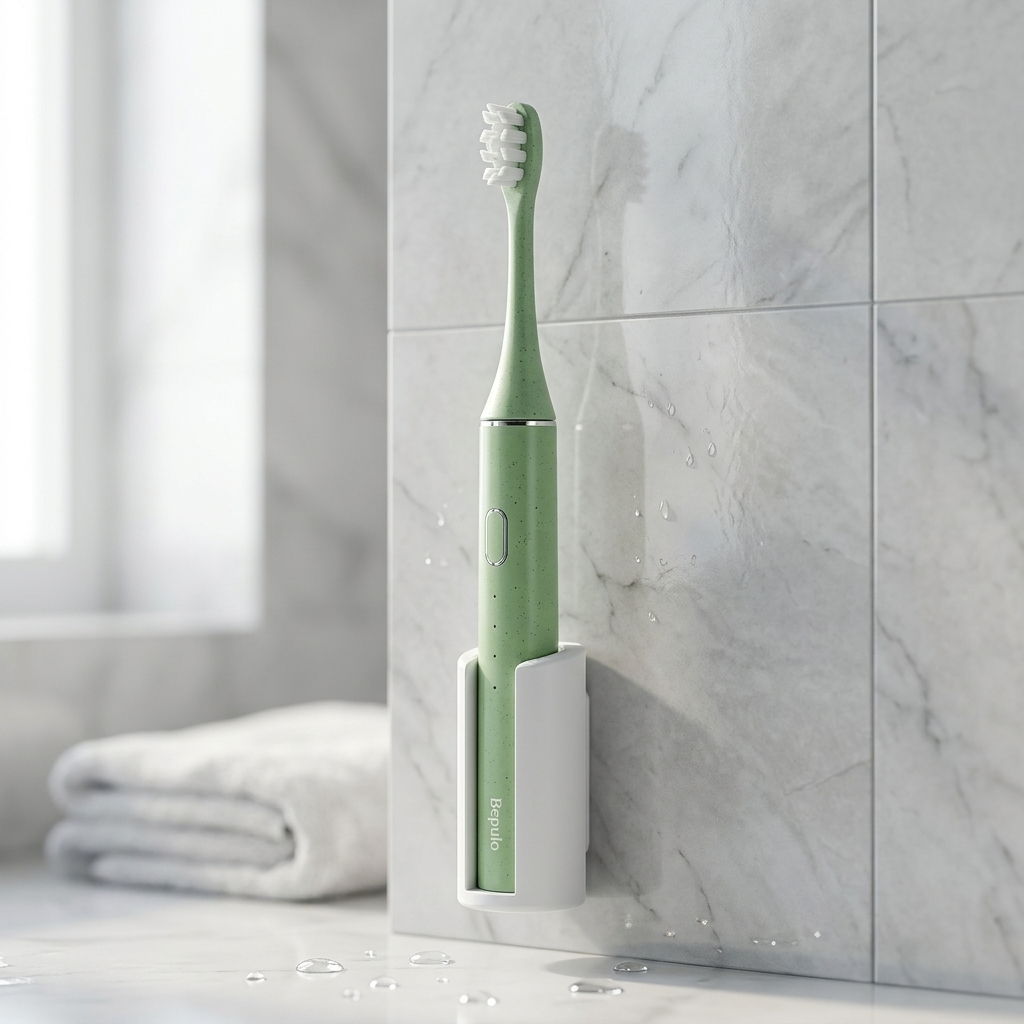 A mint green electric toothbrush with white bristles stands in a white wall-mounted holder against a light gray marble-tiled bathroom wall. A folded white towel is visible in the blurred background near a bright window.