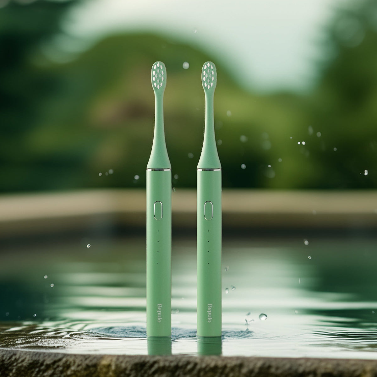 Two Bepulo Next pistachio green sonic electric toothbrushes standing by an outdoor pool. #colour_pistachio green