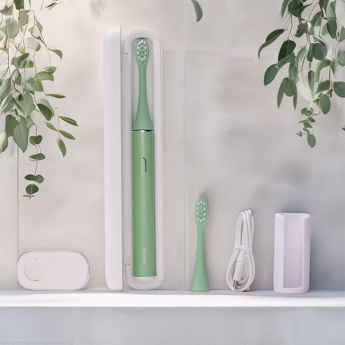 Bepulo Next Sonic Electric Toothbrush travel kit in pistachio green with travel case and charging accessories on a clean concrete spa bathroom ledge with hanging green leaves.
#colour_pistachio green