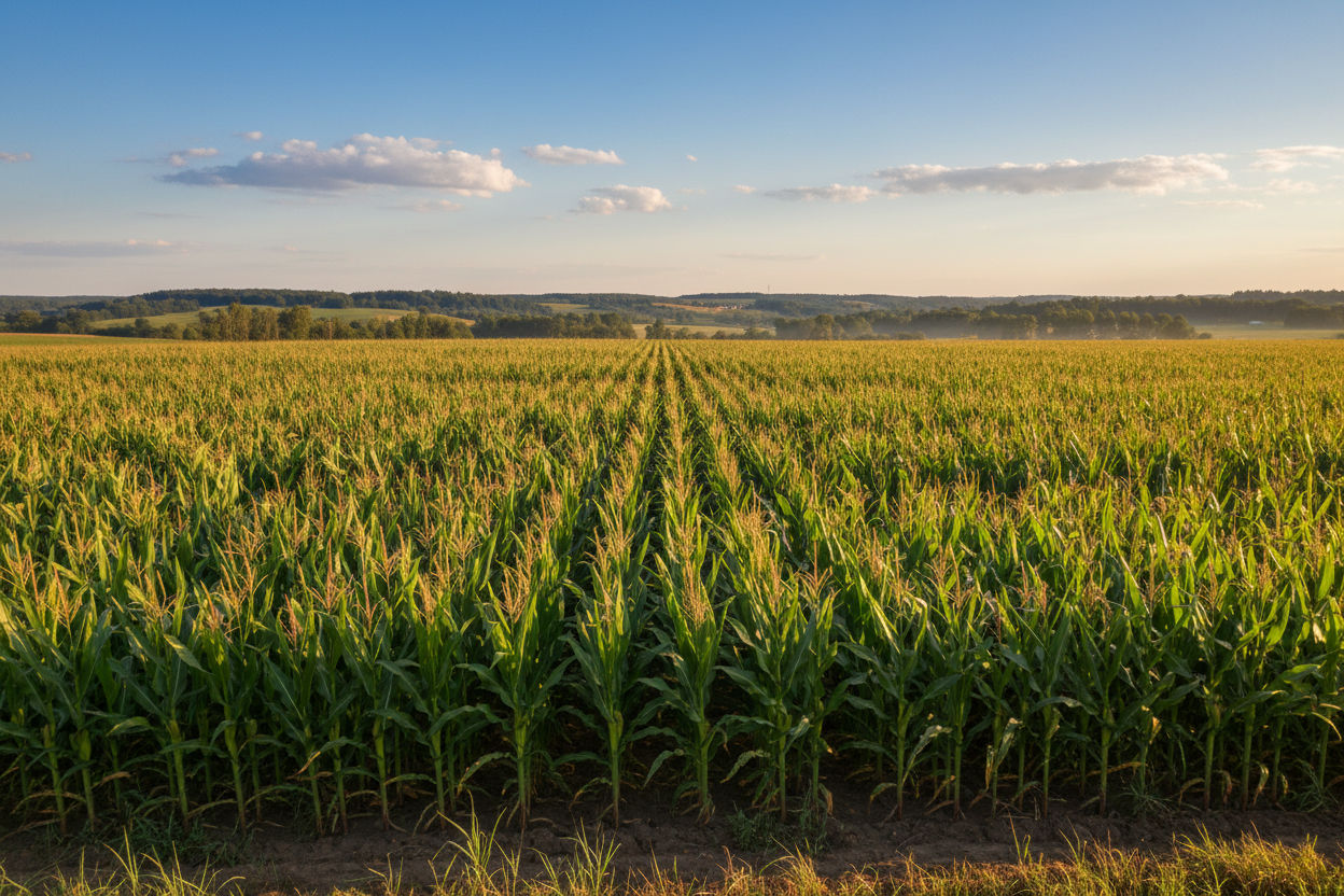 Cornfield under a clear blue sky with a few clouds
