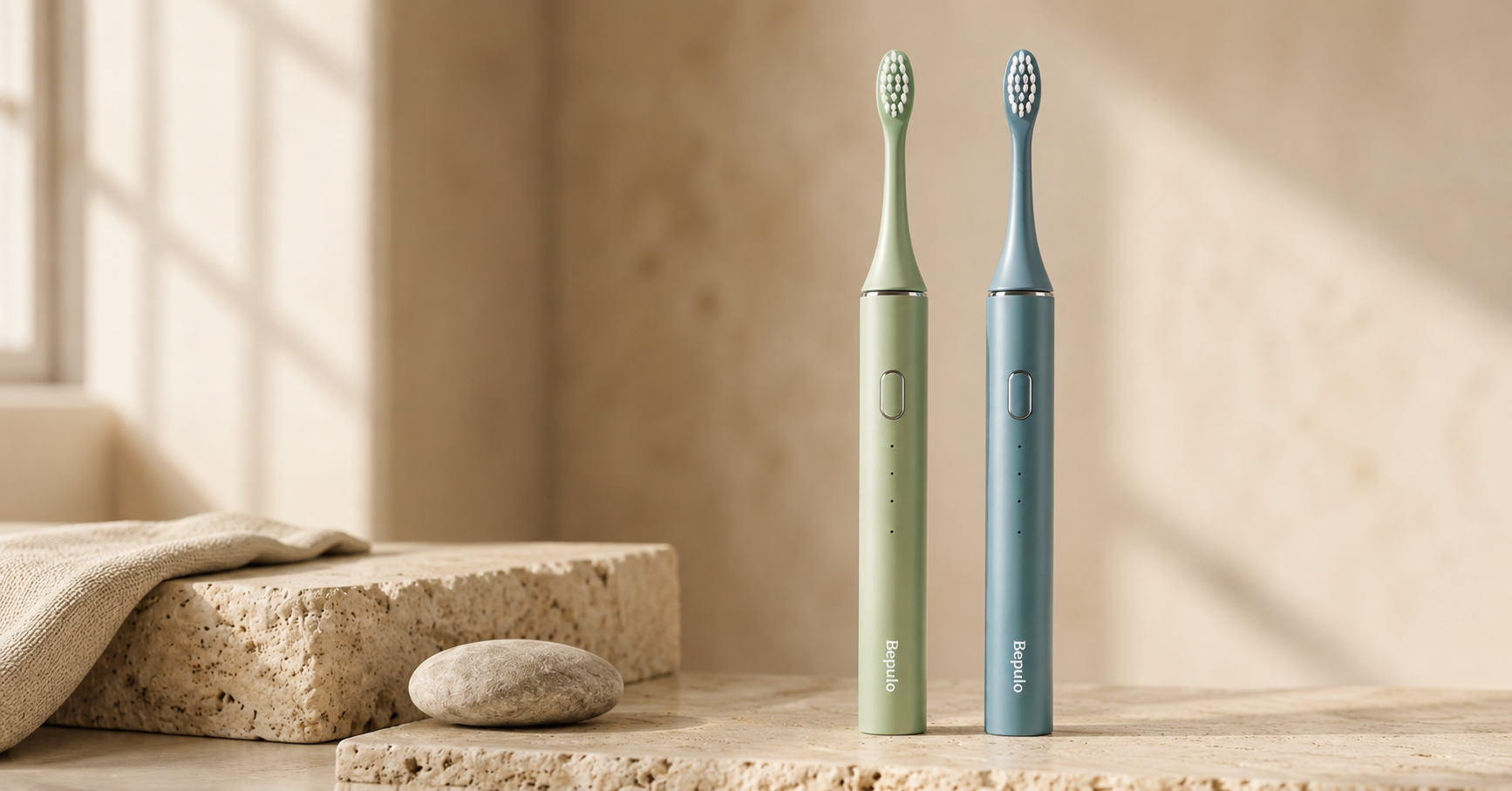 2 electric toothbrushes standing upright on a stone bench