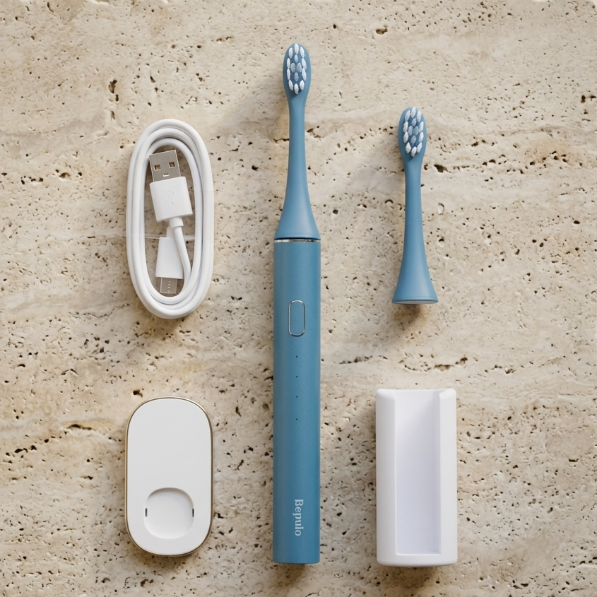 An Bepulo electric toothbrush set arranged on a textured beige stone slab, including a blue toothbrush, a blue brush head, a white charging cable, a white charging dock, and a white wall holder