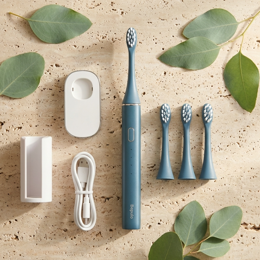 Blue electric toothbrush set with charging case, brush heads, and cable on a beige surface with green leaves.