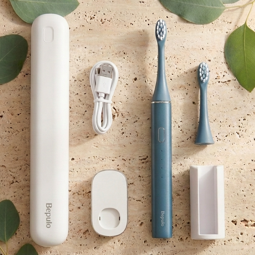 A toothbrush set arranged on a beige textured surface with green leaves. The set includes a blue toothbrush, a smaller blue brush head, a white charging cable, a white charging case, a white charging dock, and a white wall holder
