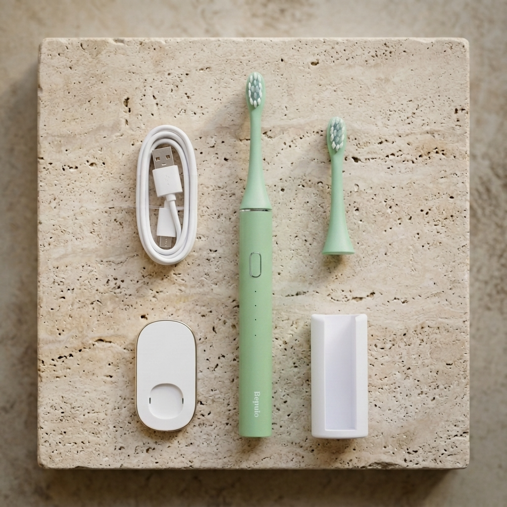 A green Bepulo electric toothbrush set arranged on a beige stone slab, including the toothbrush, two brush heads, a white charging cable, a white charging dock, and a white wall holder.