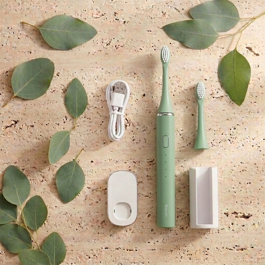 A mint green electric toothbrush set arranged on a textured beige surface with scattered green leaves. The set includes the toothbrush, a second brush head, a white charging cable, a white charging dock, and a white storage case.
