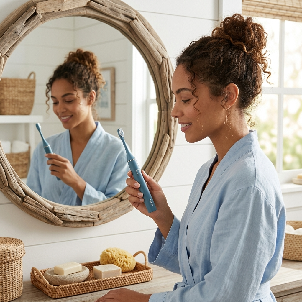 Woman in a blue robe using a Bepulo Next Electric toothbrush in front of a round mirror in a bathroom.