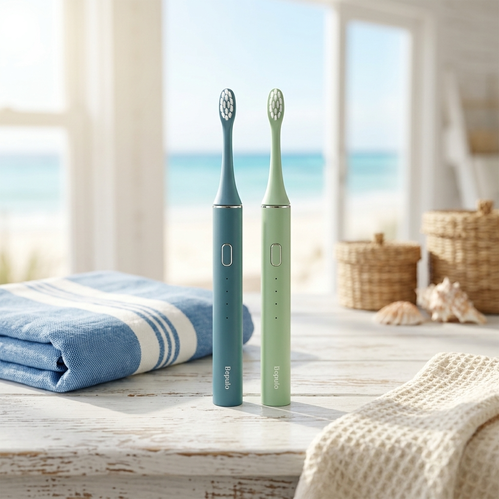 Two electric toothbrushes on a wooden surface with a beach view in the background.