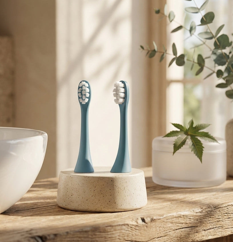Two blue toothbrushes on a white stand with a blurred indoor background