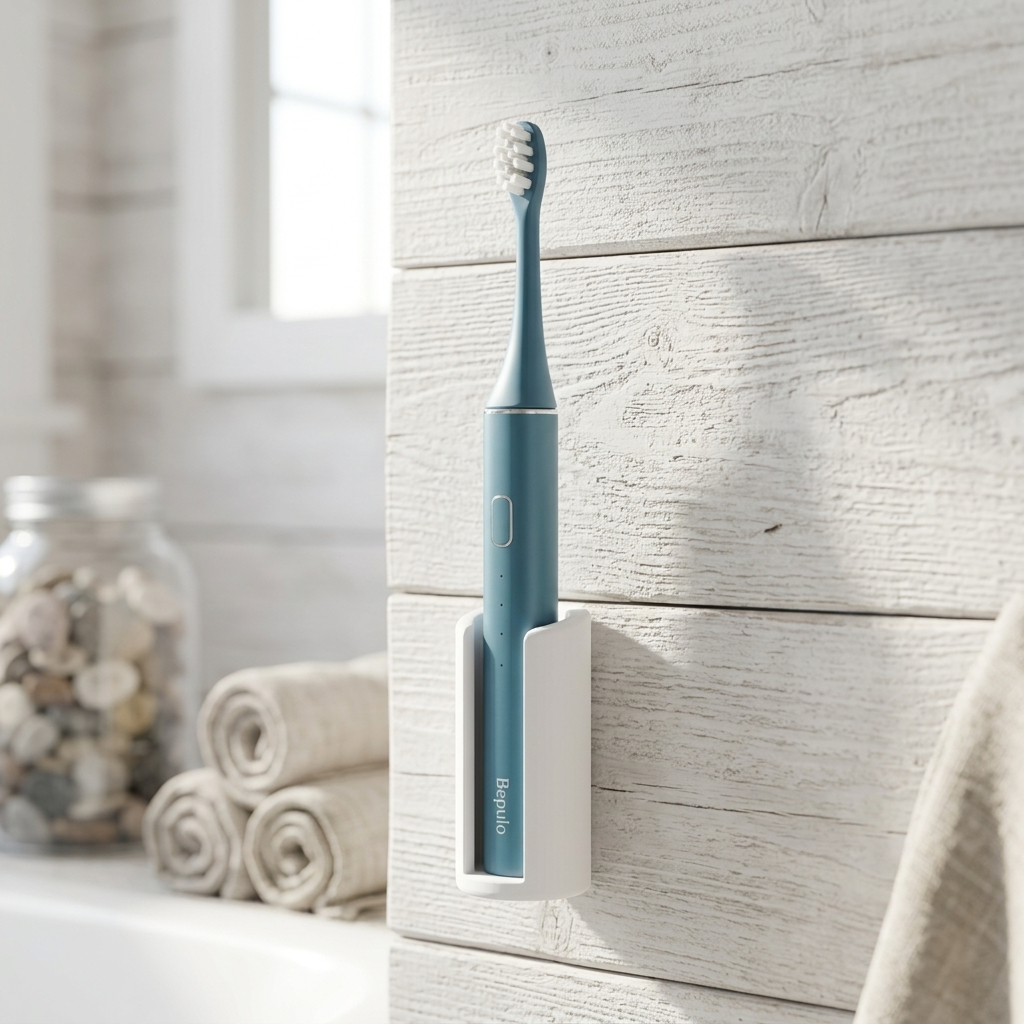 Blue electric toothbrush on a wooden shelf with a neutral background