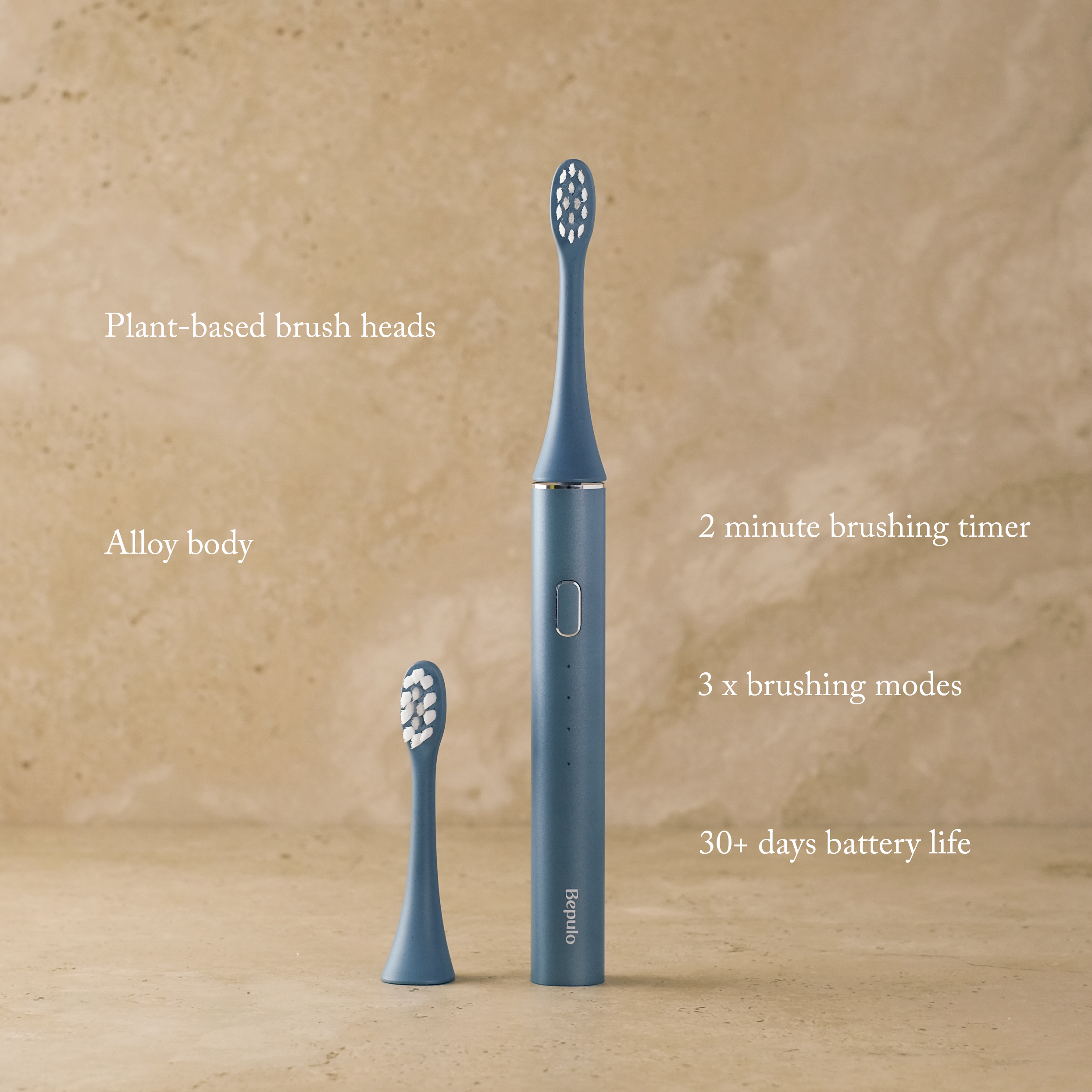 A blue Bepulo electric toothbrush with a spare brush head is shown on a warm beige textured background with white text callouts describing features like plant-based brush heads, alloy body, 2-minute timer, 3 modes, and 30+ days battery life