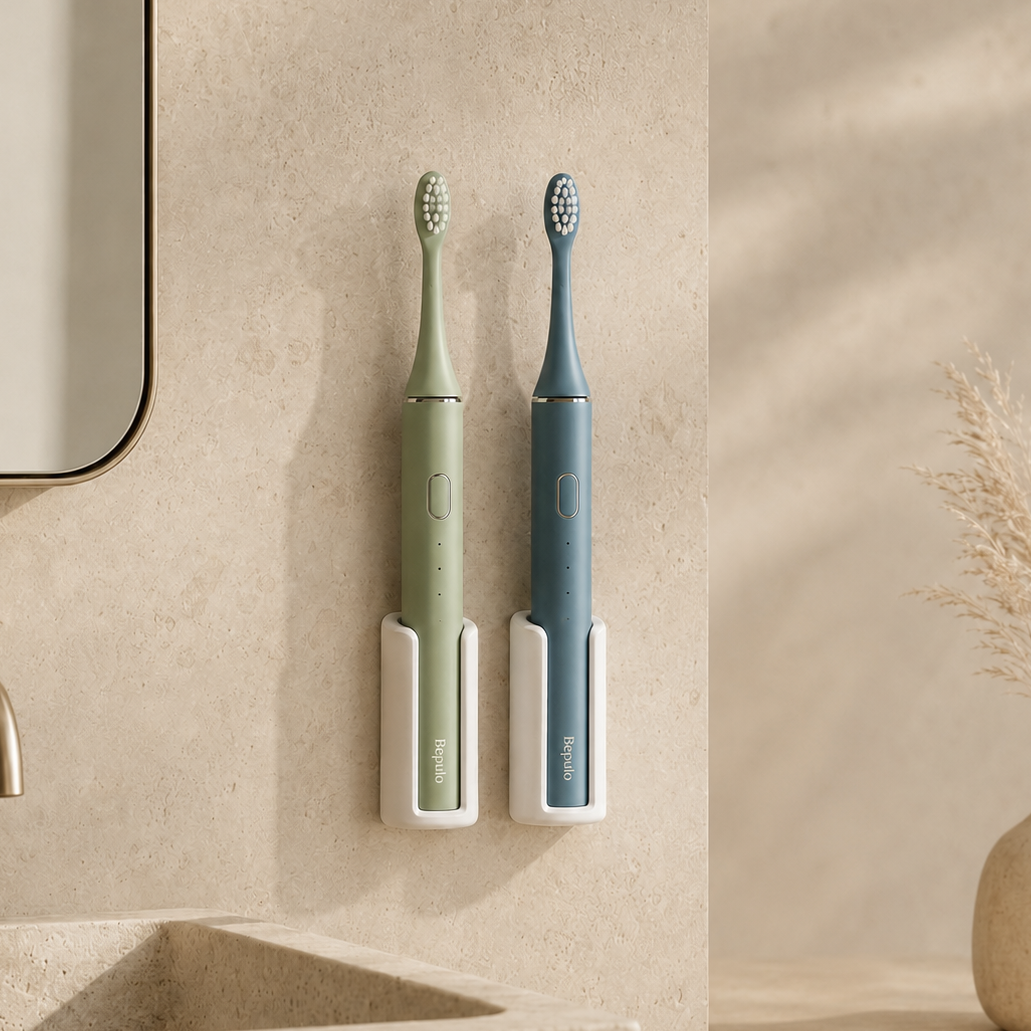 Two electric toothbrushes in green and blue on a holder against a beige bathroom wall.
