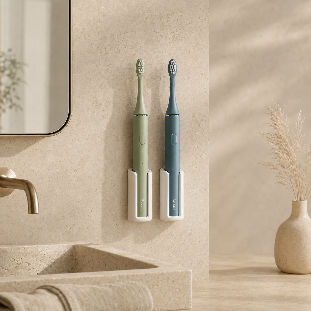 Two electric toothbrushes in green and blue on a holder against a beige bathroom wall.