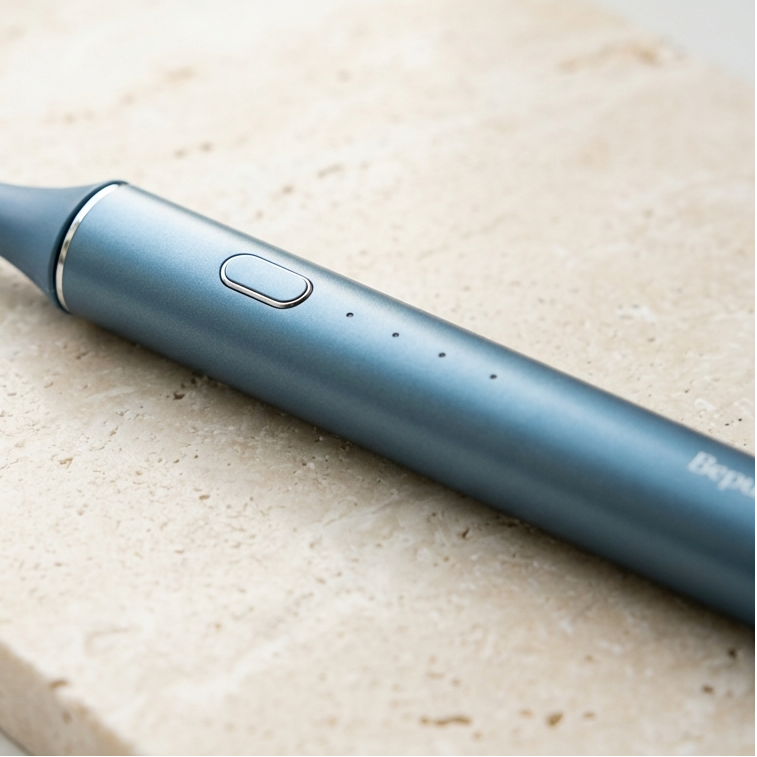 A close-up of a blue Bepulo electric toothbrush resting diagonally on a textured beige stone tile.