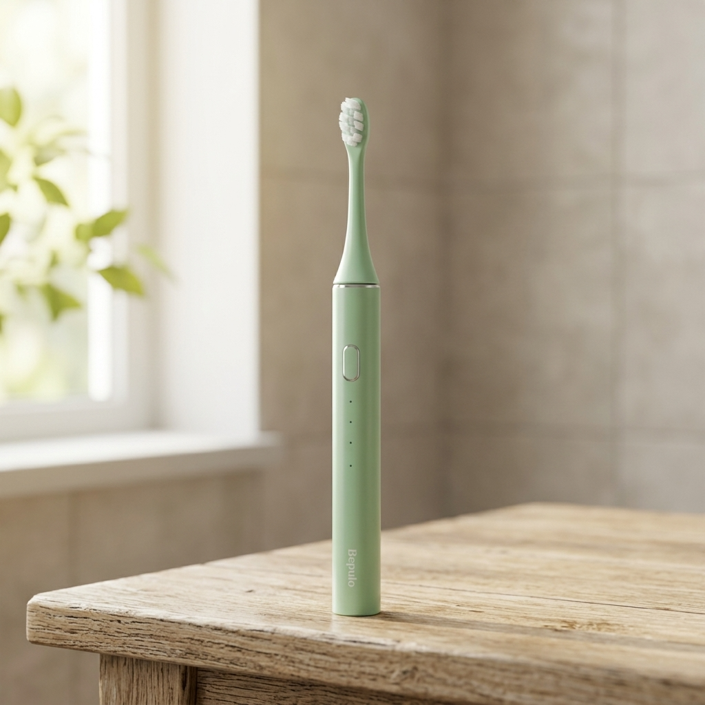 Green electric toothbrush on a wooden surface with a blurred background