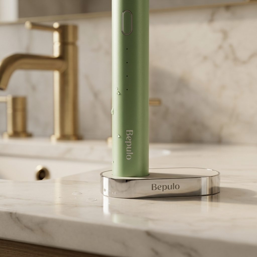 Green electric toothbrush on a stand with 'Bepulo' branding in a bathroom setting.