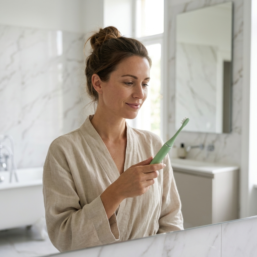 A woman in a beige linen robe holds a green Bepulo electric toothbrush in a bright, modern bathroom with white marble walls and a mirror.