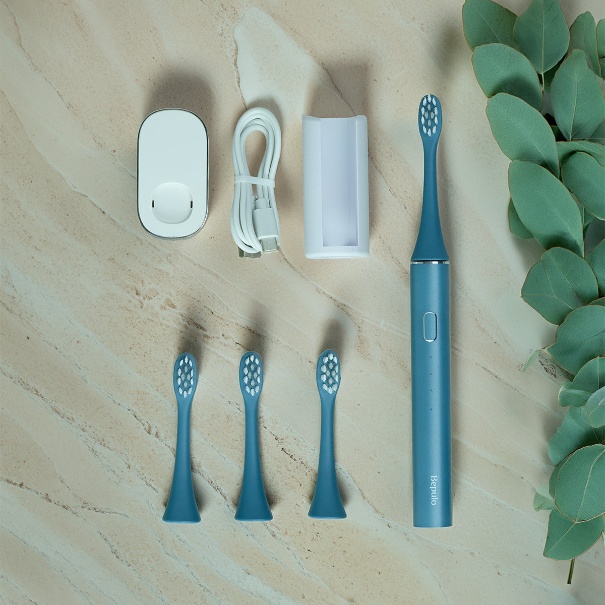 Bepulo Next sonic electric toothbrush bundle with replacement heads and charging accessories. #colour_sapphire blue