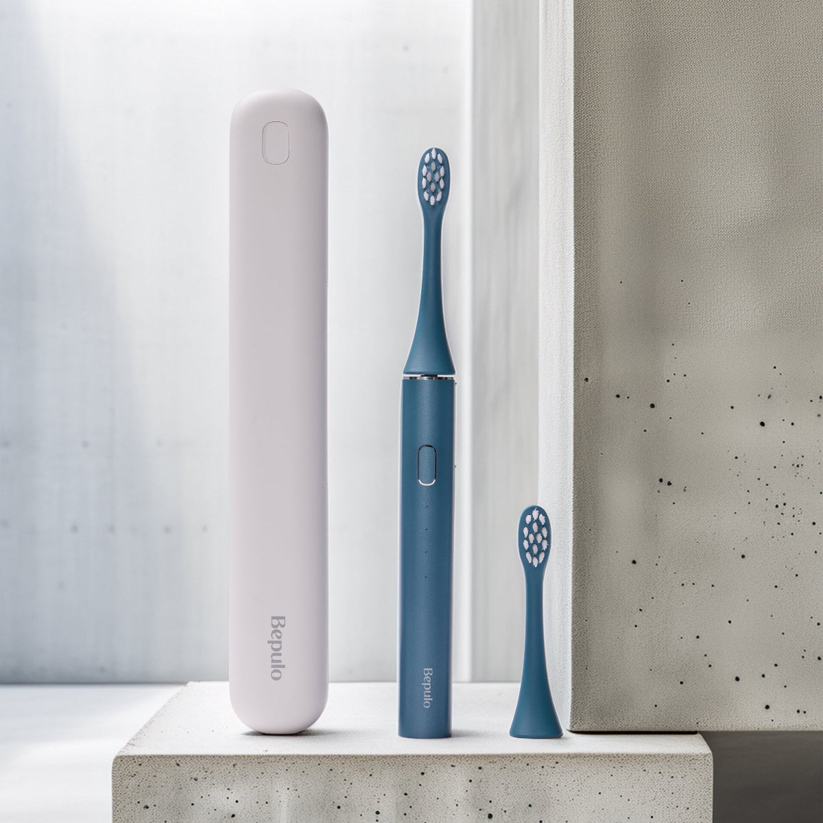 Bepulo Next sonic electric toothbrush travel set in sapphire blue with white travel case. | #colour_sapphire blue