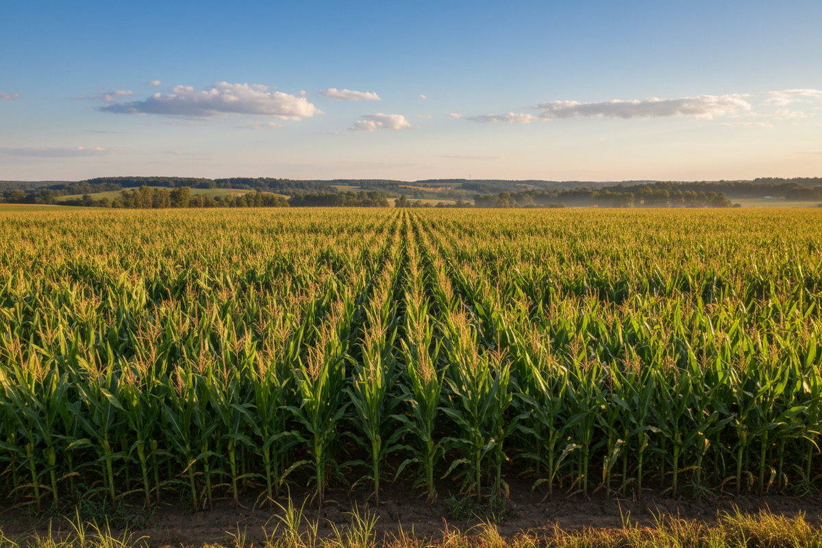 Cornfield under a clear blue sky with a few clouds