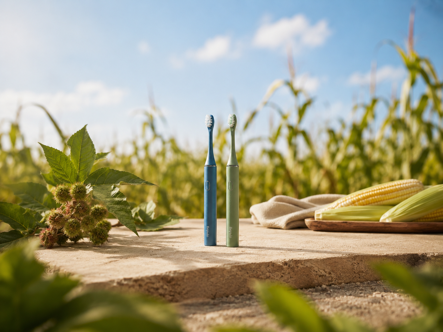Two electric toothbrushes on a wooden surface with corn and leaves in the background